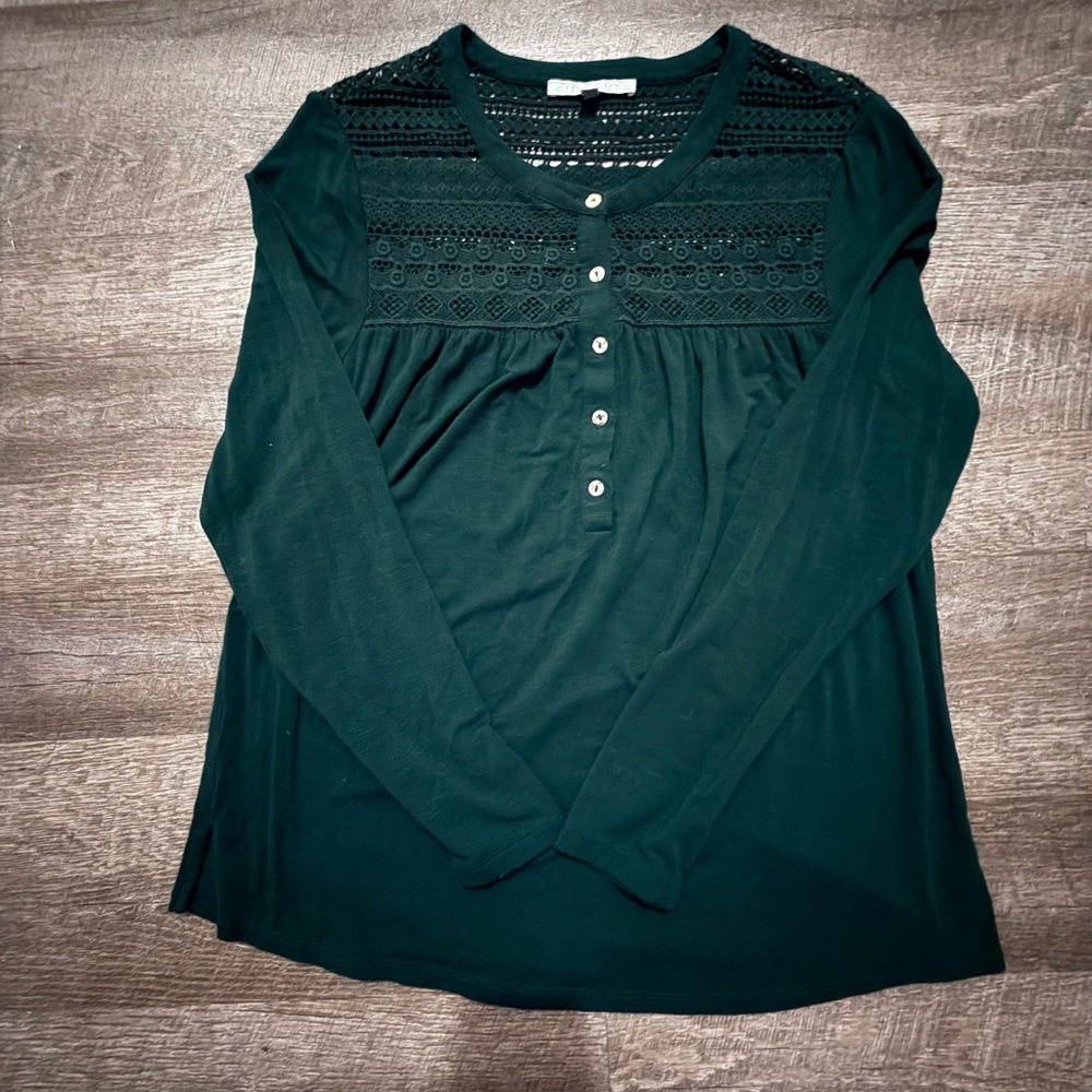Daniel Rainn Forest Green Crochet Yoke Henley Long Sleeve Blouse